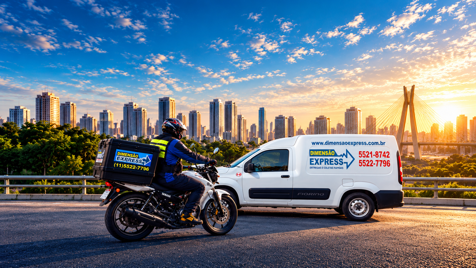 Van e moto da Dimensão Express em uma avenida de São Paulo