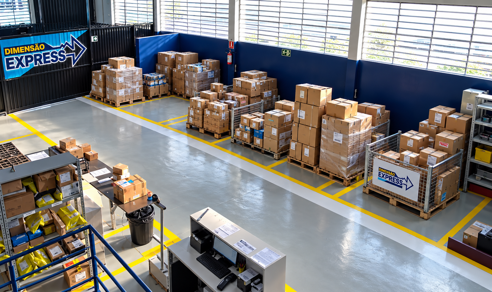 Centro de distribuição da Dimensão Express com volumes organizados para expedição