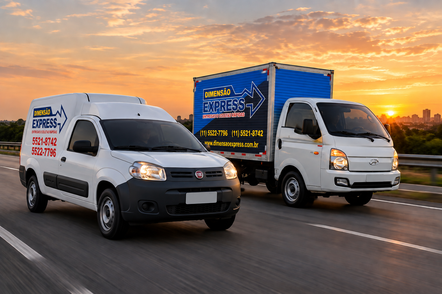 Utilitário e caminhão da Dimensão Express em operação de carga dedicada